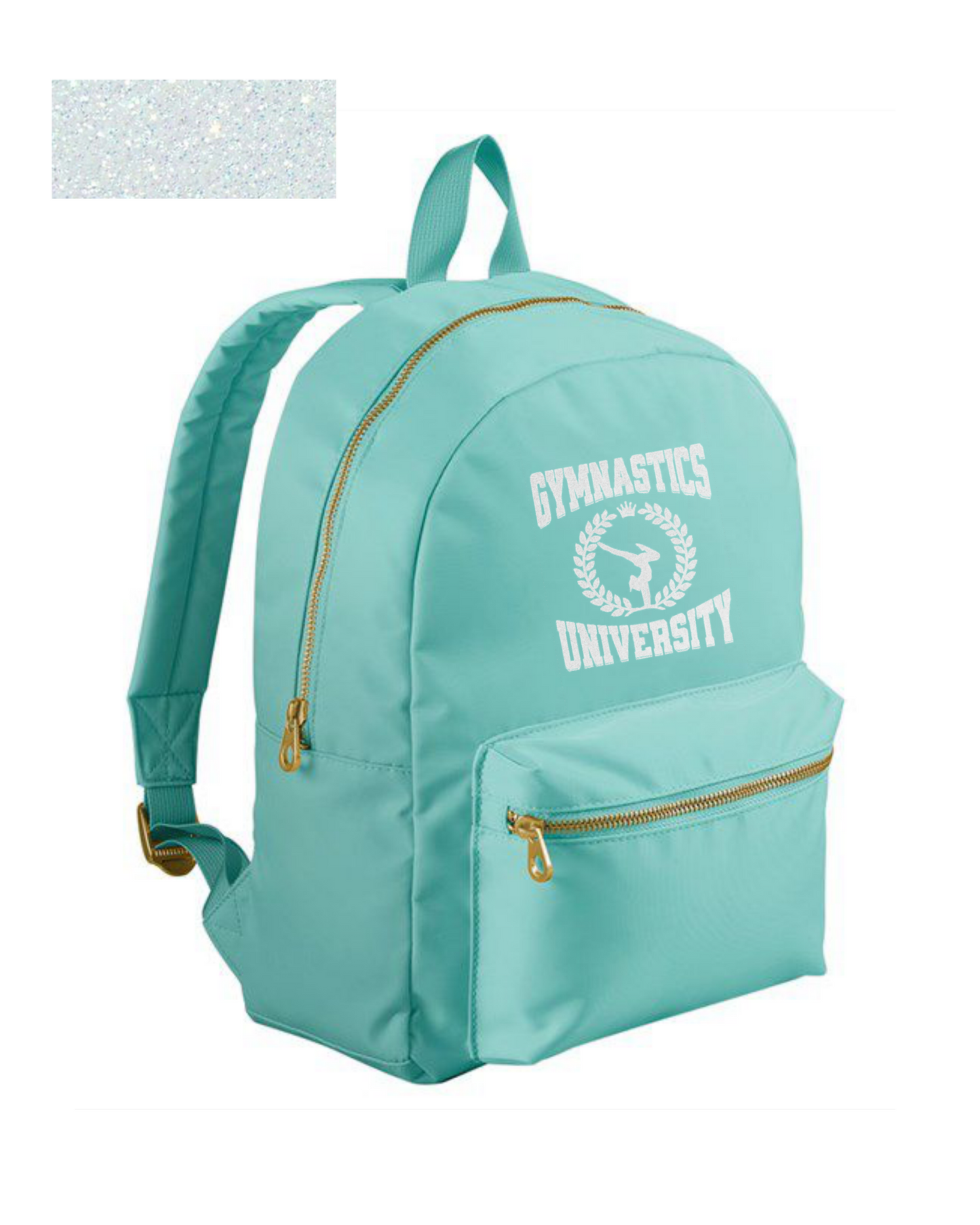 Turquoise backpack with glitter text